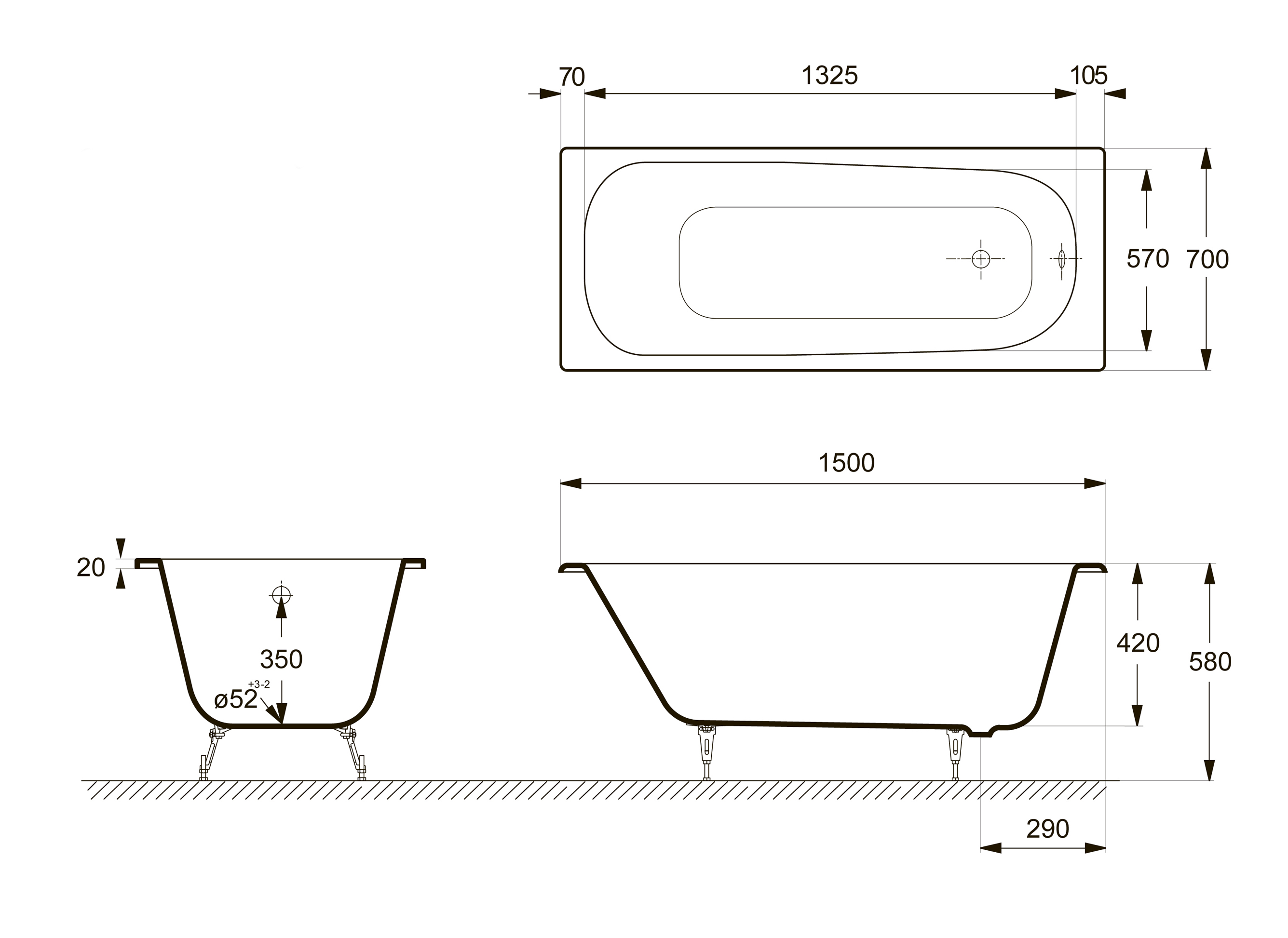 Чугунная ванна Delice Continental 150х70 с отверстиями под ручки и антискользящим покрытием DLR230612R-AS