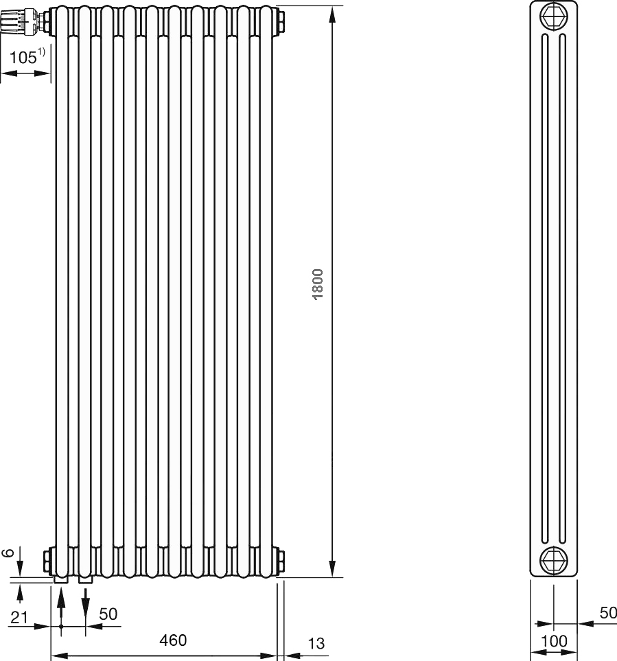 Радиатор стальной Zehnder Charleston Completto C3180/10 3-трубчатый, подключение V001, technoline
