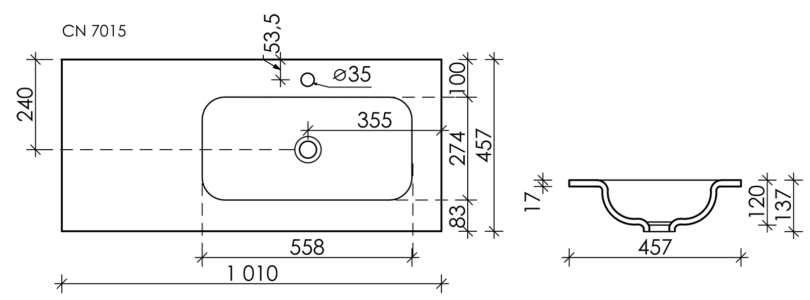 Умывальник накладной прямоугольный Element 1010*457*137мм, чаша справа Ceramica Nova CN7015