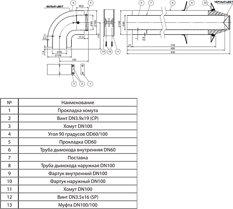 Комплект дымохода Stout 60/100 мм (высота: 0,85 м) с коленом 90° совместимый с котлами Vaillant и Protherm