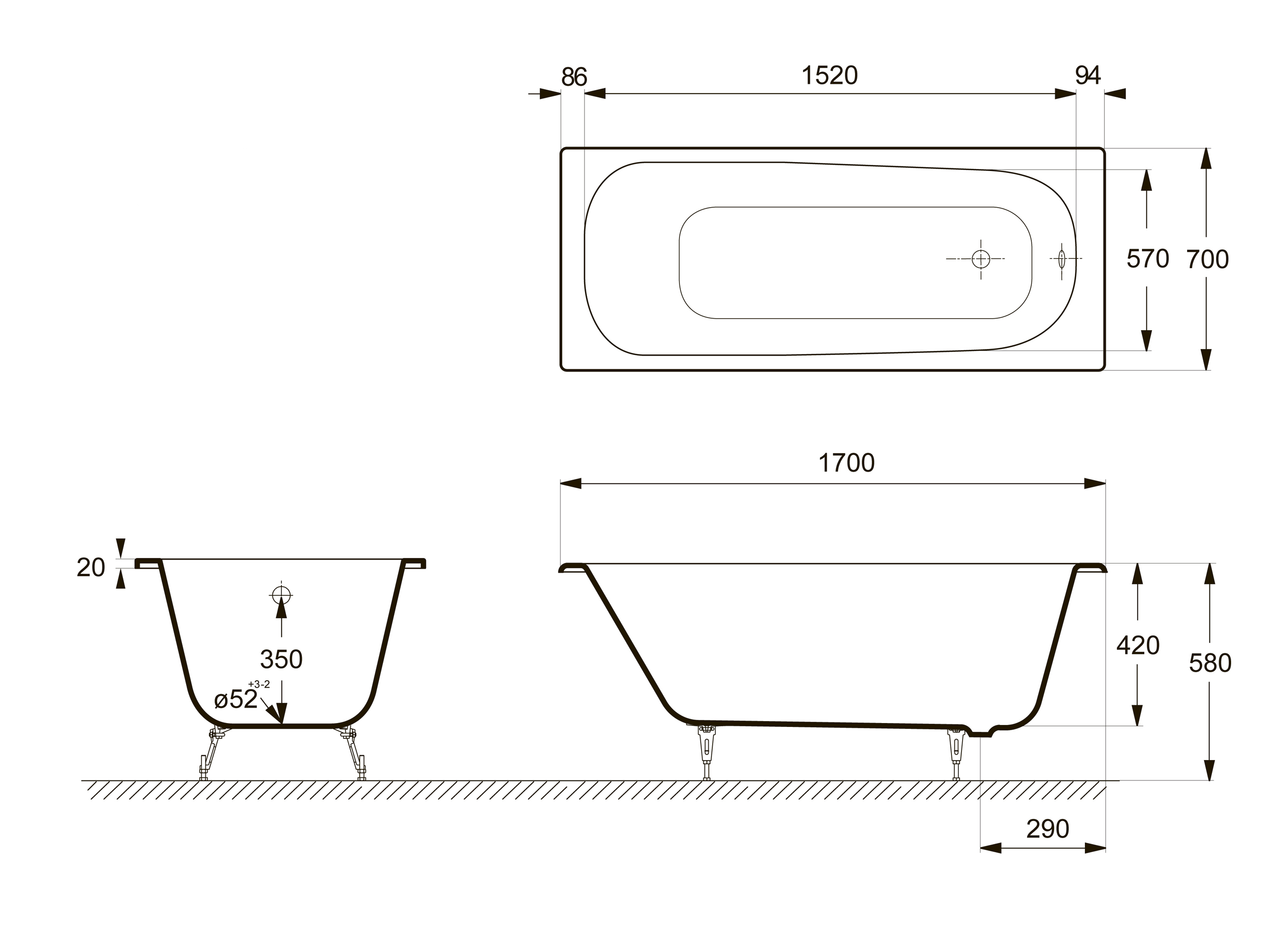 Чугунная ванна Delice Continental 170х70 с отверстиями под ручки и антискользящим покрытием DLR230613R-AS