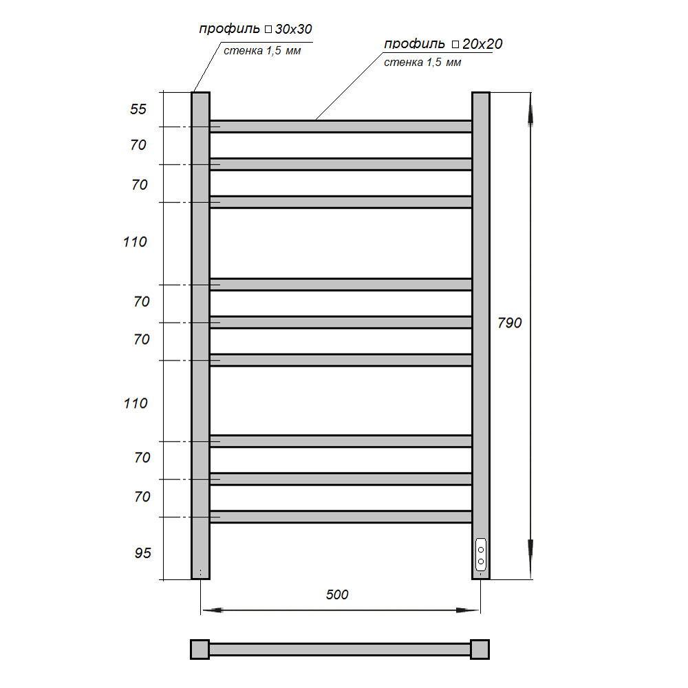 Полотенцесушитель электрический Point Вега PN71858B П9 500x800, диммер справа, черный